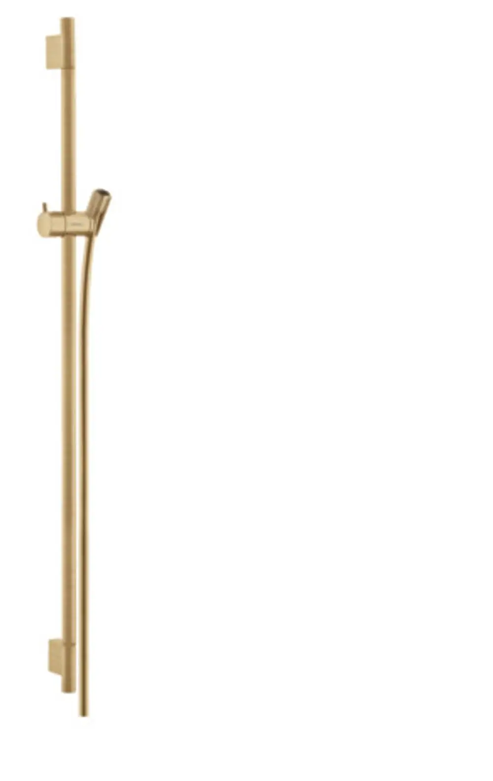 Hansgrohe Duschstange in gebürstetem Bronze-Finish, vertikal montiert, mit Halterung und Schlauchanschluss für Duschkopf.